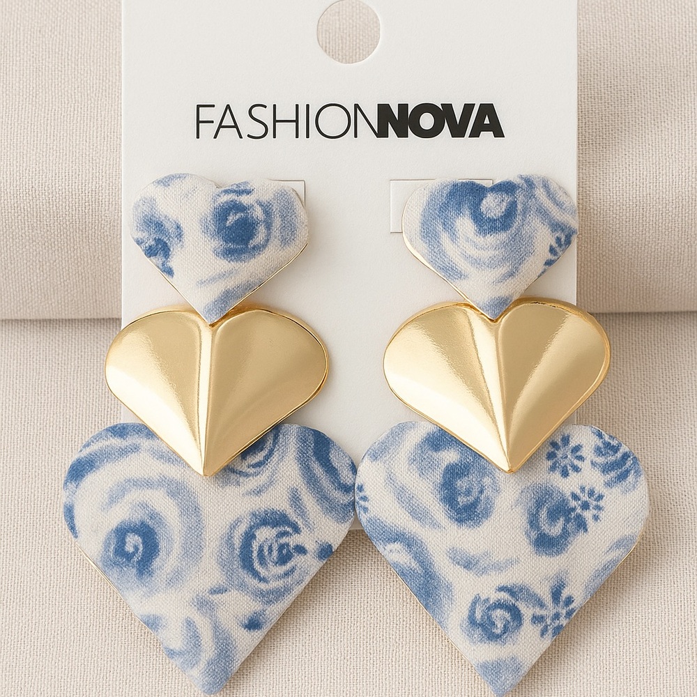 Fashion Nova Gold and Blue Porcelain-Inspired Earrings